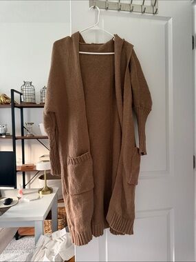 Amazon Women's Open-Front Long Hooded Cardigan in Brown